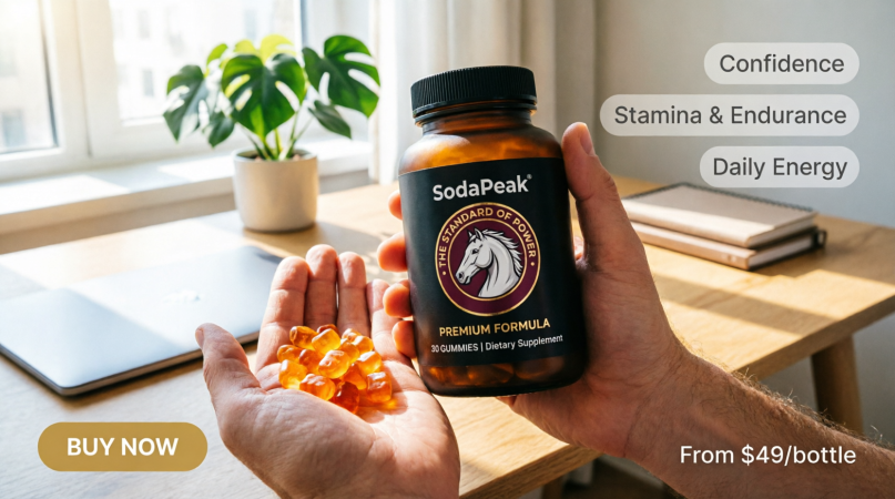 hand holding amber gummy supplements beside a supplement bottle at a home desk