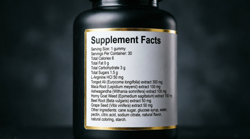 supplement facts panel showing seven botanical extracts with printed milligram doses